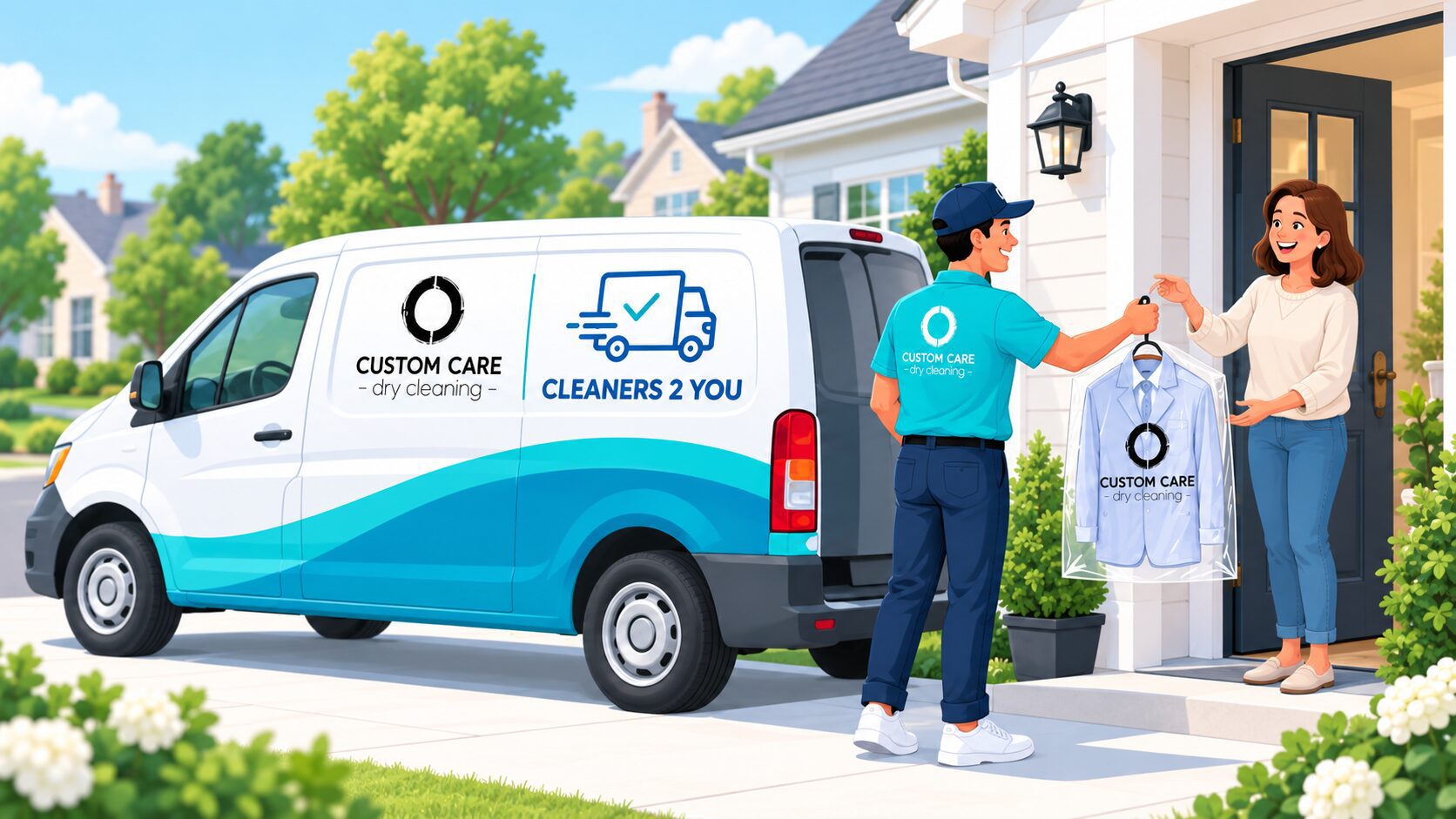 Custom Care pick-up and delivery van at a customer's home
