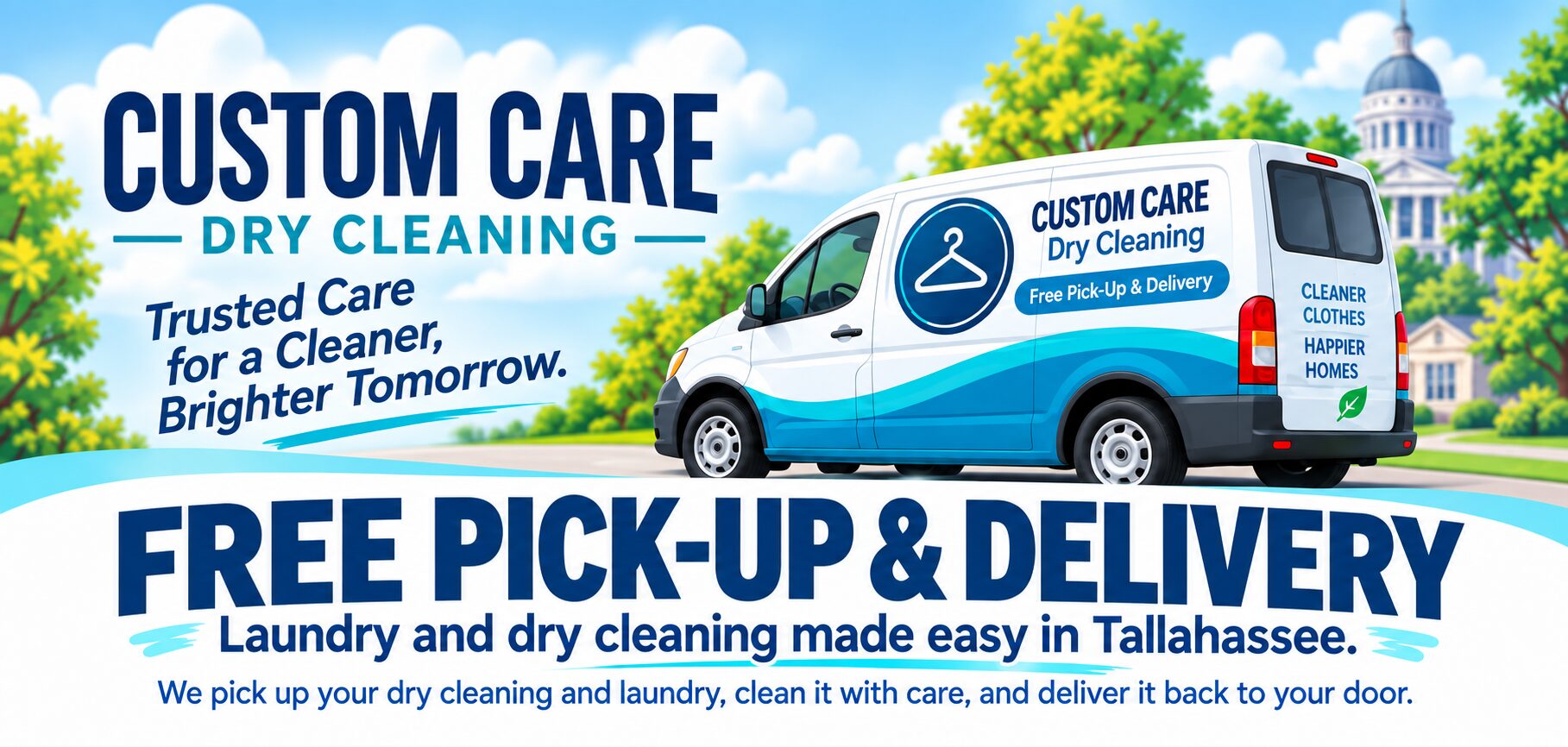 Custom Care Dry Cleaning free pick-up and delivery in Tallahassee